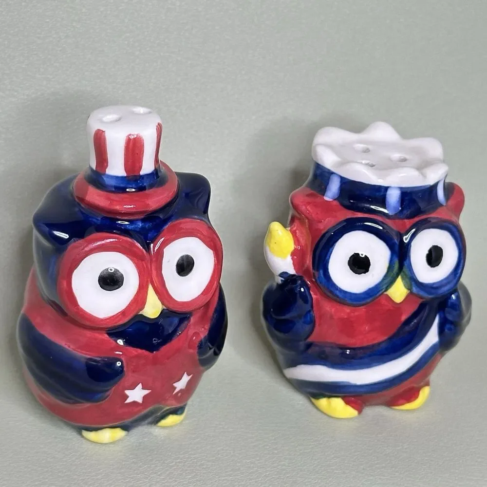 Patriotic Owl Salt & Pepper Shakers Ceramic Uncle Sam Stars Stripes 4th of July